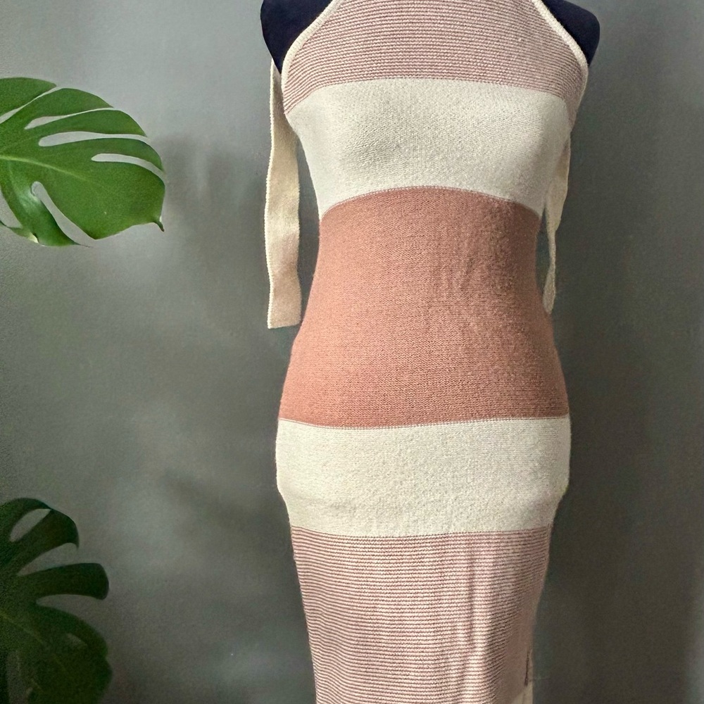 Hello Molly Neck Tie Cold Shoulder Striped Dress - Cream and Beige